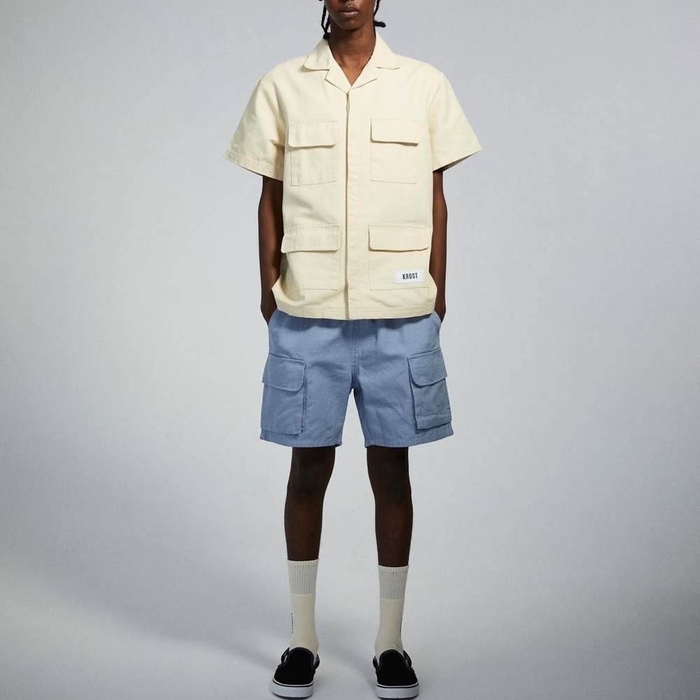 NWT KROST Men’s Thick Cotton Short Sleeve Button-Up Safari Shirt in Beige Sz L